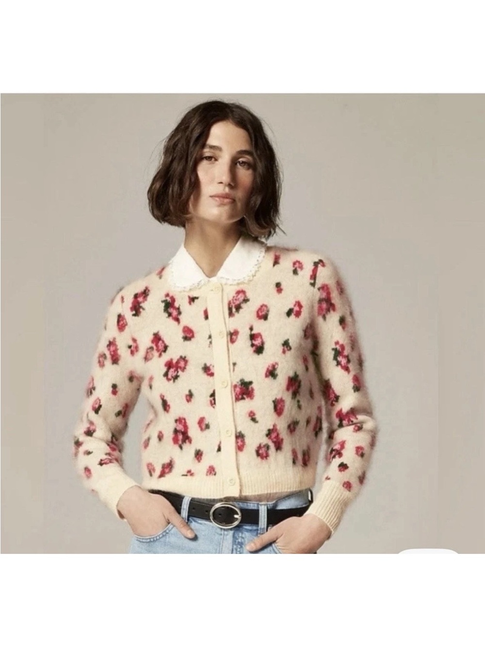 J. Crew Cream Floral Cropped Button-Up Cardigan with Pink Rose Print.